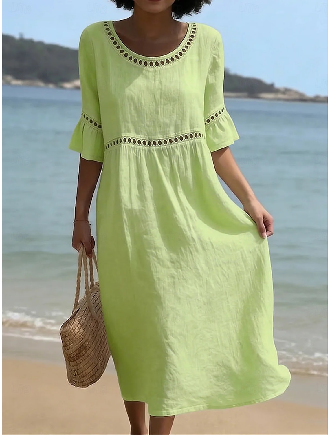 Women's Midi Dress Linen-feel Dresses Shift Dress Summer Dress Classic Casual Daily Loose Fit Plain Short Sleeve Crew Neck Blue Yellow Green Beige Summer Spring