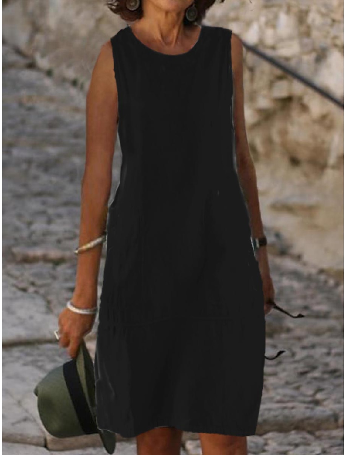Women's Midi Dress Shift Dress Sundress White Dress Cotton Linen Dresses Classic Casual Daily Vacation Loose Fit Plain Sleeveless U Neck Blue Light Blue Black White Summer Spring