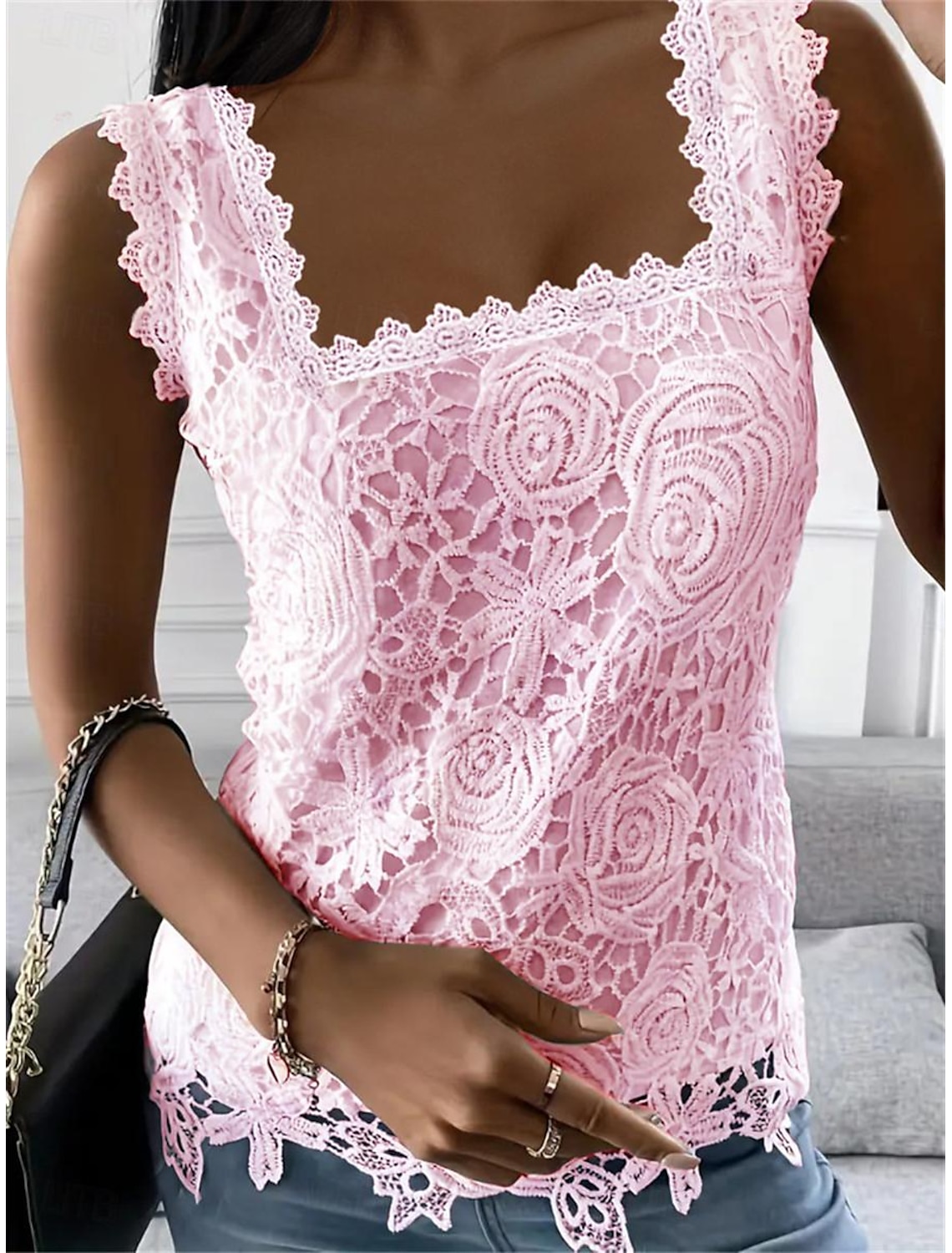 Women's Elegant Lace Tops Eyelet Blouse Sexy Sleeveless Floral Semi-Sheer Square Neckline Scalloped Trim Fashion Slim Fit Date Casual Party Romantic Petite Tops Summer Holiday Wear
