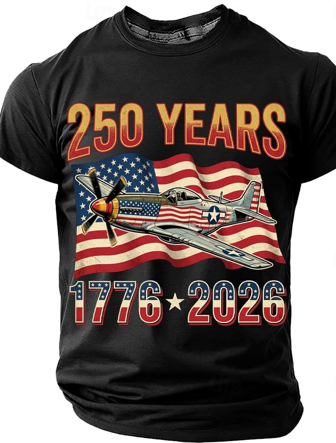 250th Anniversary July 4th 2026 Men's 250 Years 1776-2026 P-51 Mustang Fighter Plane Graphic T Shirt Short Sleeve Crew Neck Patriotic USA Flag Aviation Veteran Gift Designer Clothing Apparel