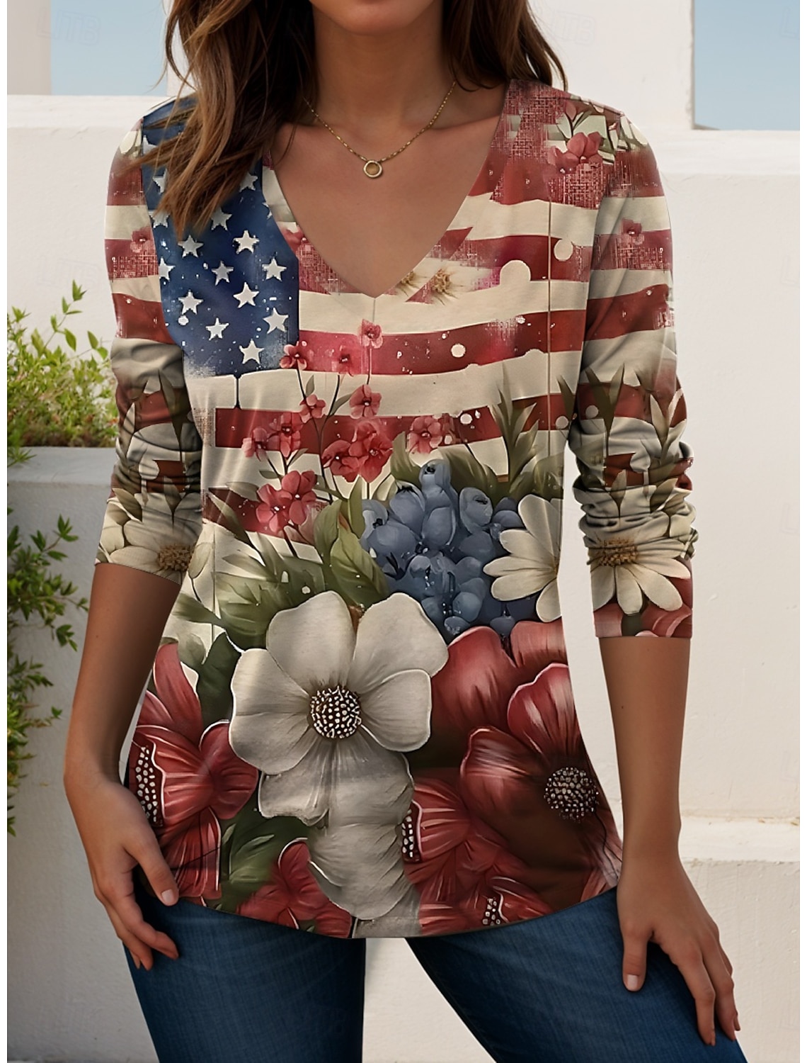 American Independence Day Women's Blouse Patchwork Buttons Print Graphic American Flag Vintage Stylish Half Sleeve V Neck Regular Tops Casual Daily Holiday Blue Red Summer Spring