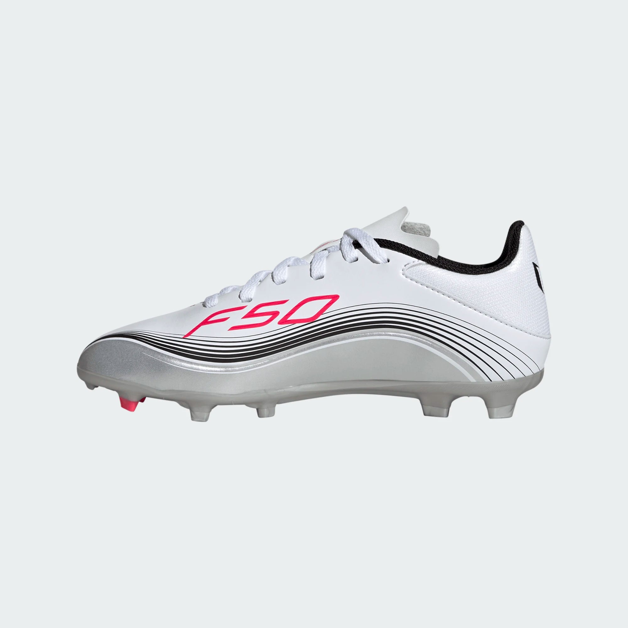 adidas Youth F50 Messi League FG/MG Junior Soccer Cleats (White/Lucid Red/Silver Metallic)