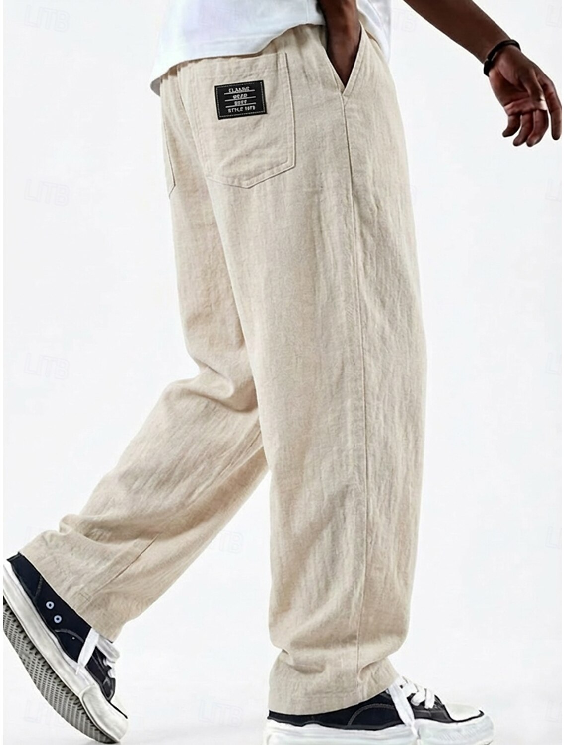 Men's Linen Pants Trousers Summer Baggy Pocket Elastic Waist Straight