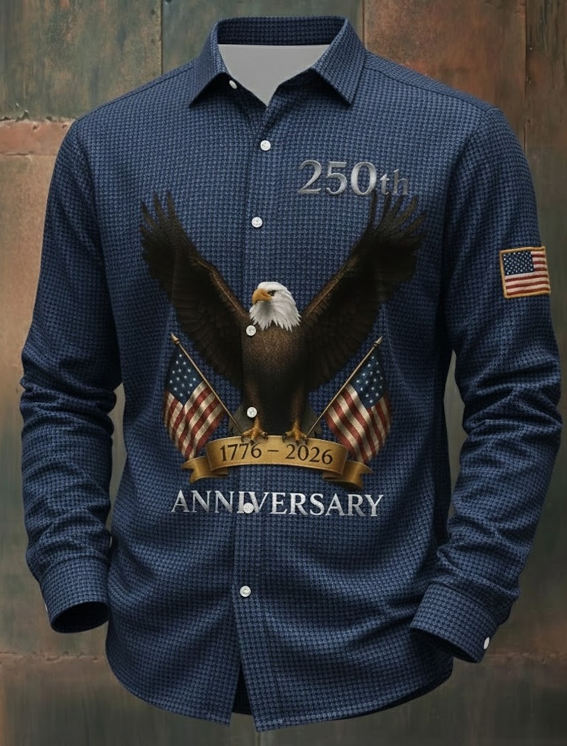 Men's 4th of July U.S. 250th Anniversary Eagle US Flag Shirt Waffle Shirt Casual Shirt Long Sleeve Vintage Retro Dailywear Holiday Summer Spring Turndown 3D Print Textured Button Up Shirts Black Red