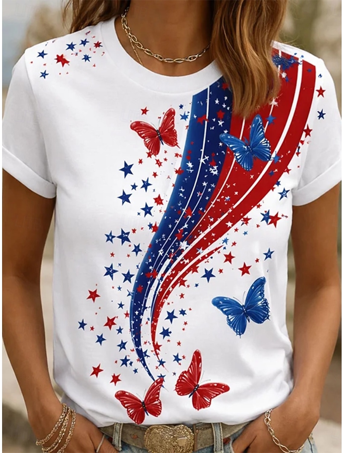 American Independence Day Women's T Shirt Print Graphic American Flag Vintage Stylish Classic Short Sleeve Crew Neck Round Neck Long Tops Daily Weekend Blue White-Blue Black Summer Spring Fall