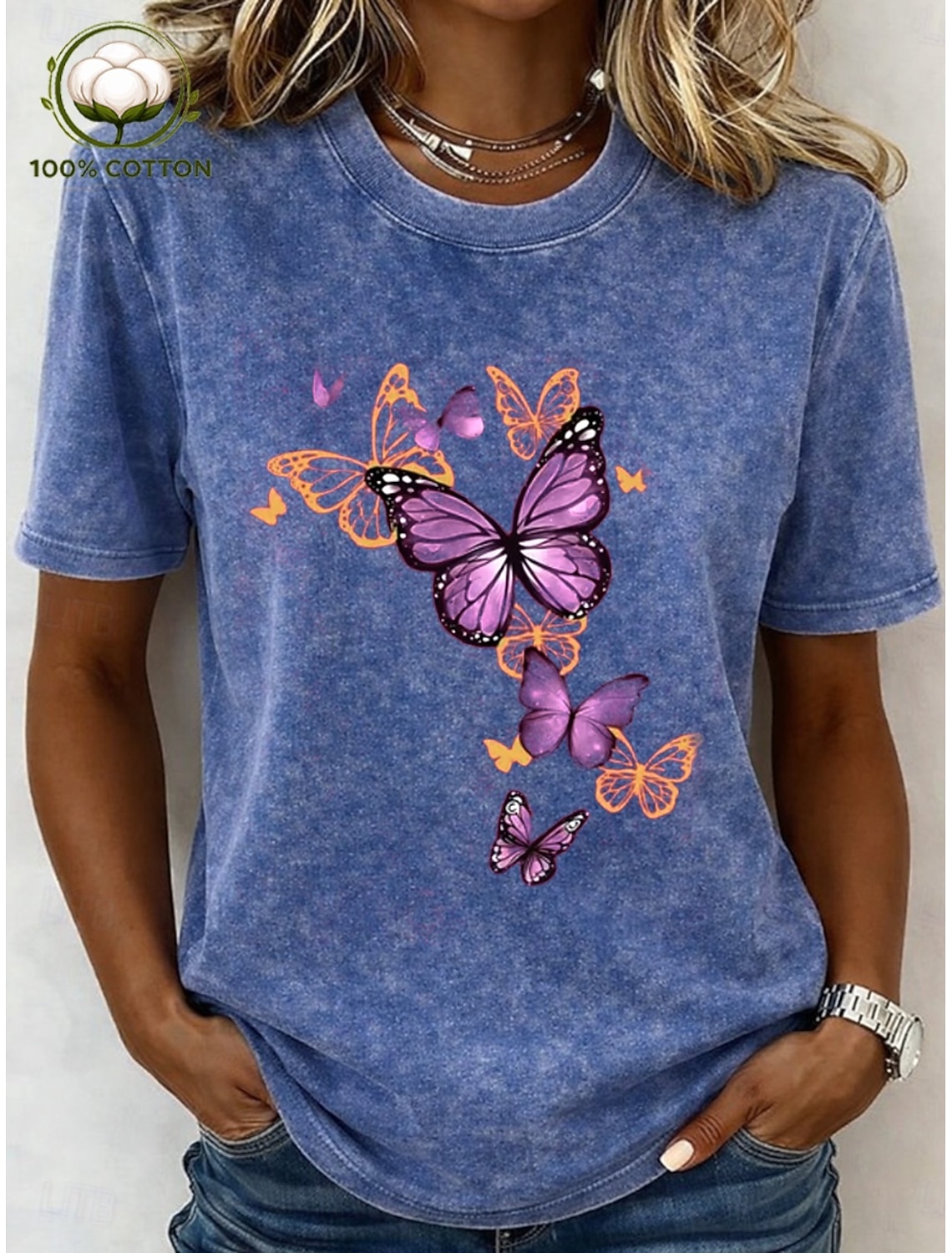 Women's 100% Cotton T Shirt Print Acid Wash Vintage Washed Butterfly Stylish Basic Classic Short Sleeve Crew Neck Regular Tops Casual Daily Blue Black Pink Purple Green Summer Spring