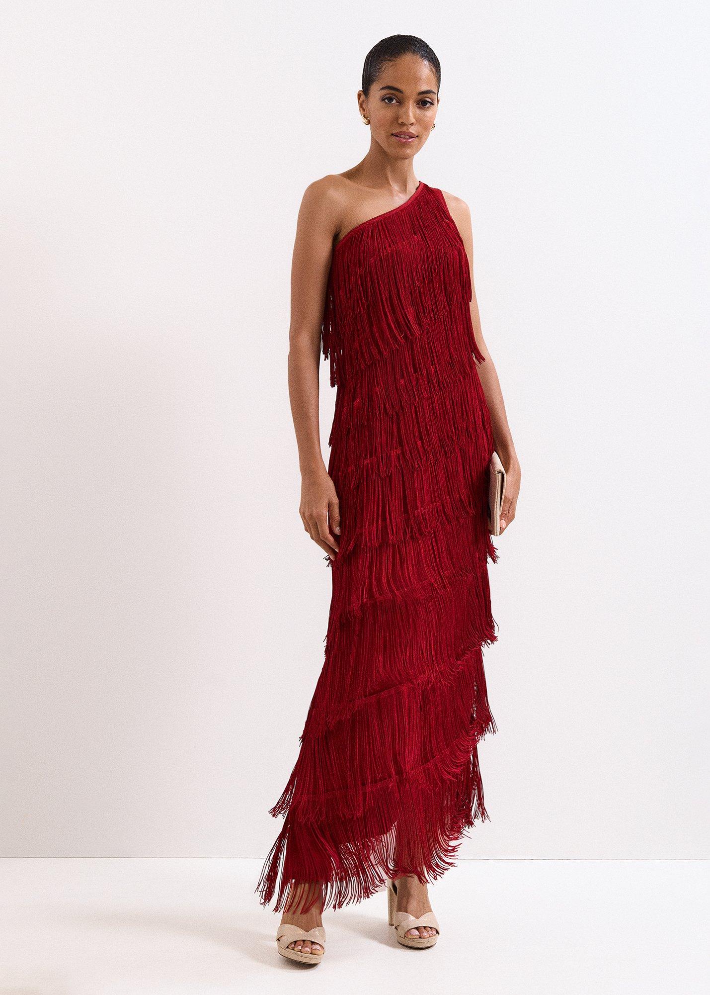 Otto Red One Shoulder Fringe Maxi Dress