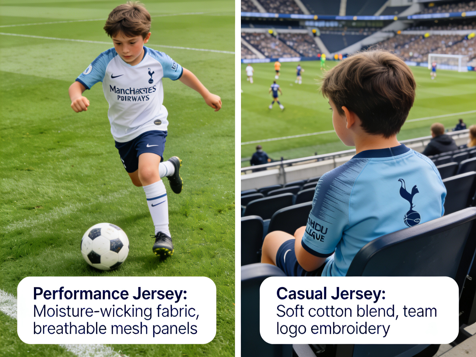 Side-by-side photos of a child in a performance kit playing soccer vs. a child in a casual kit at a match, with feature callouts