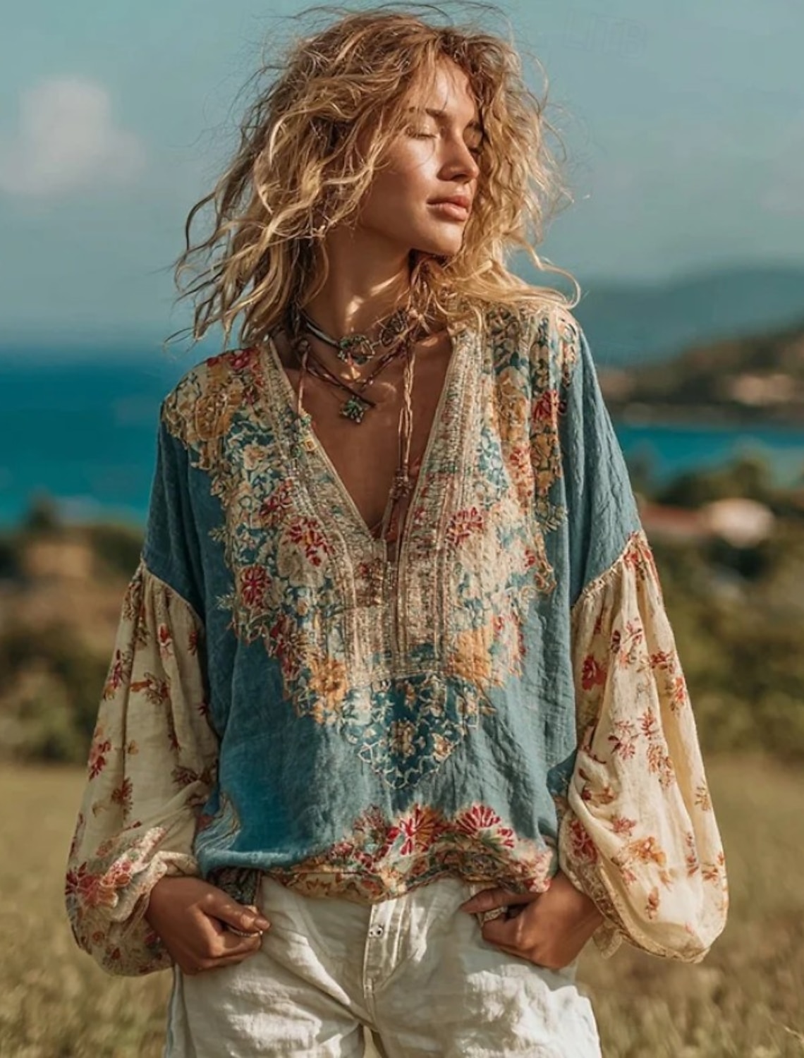 Women's Shirt Linen-feel Shirts Patchwork Buttons Print Floral Elegant Bohemia Tropical Long Sleeve V Neck Regular Tops Daily Holiday Yellow Light Blue Spring