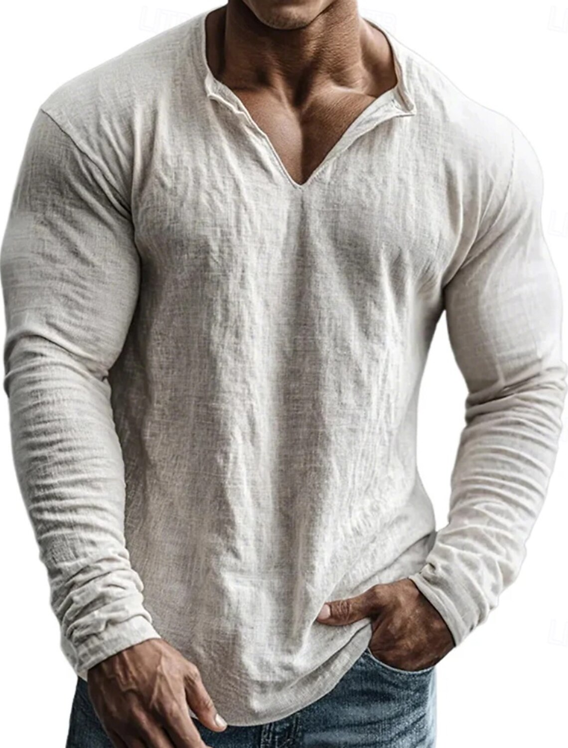 Men's Cotton Linen Shirt T Long Sleeve V Neck Summer Spring Solid