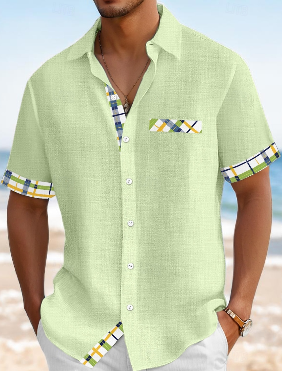 Men's Shirt Linen Shirt Summer Shirt Beach Wear Button Up Shirt Solid Color Vacation Curise Navy Blue Orange Green Light Blue Short Sleeve Collar Summer Spring & Summer Clothing Apparel Color Block