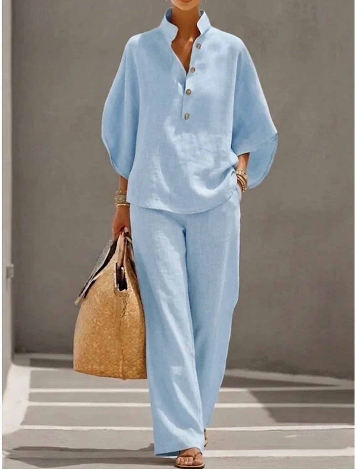 Women's Cotton Linen Sets 3/4 Length Sleeve Stand Collar Solid Color Daily Distressed Casual Daily Black Yellow Wine Summer Loose Fit