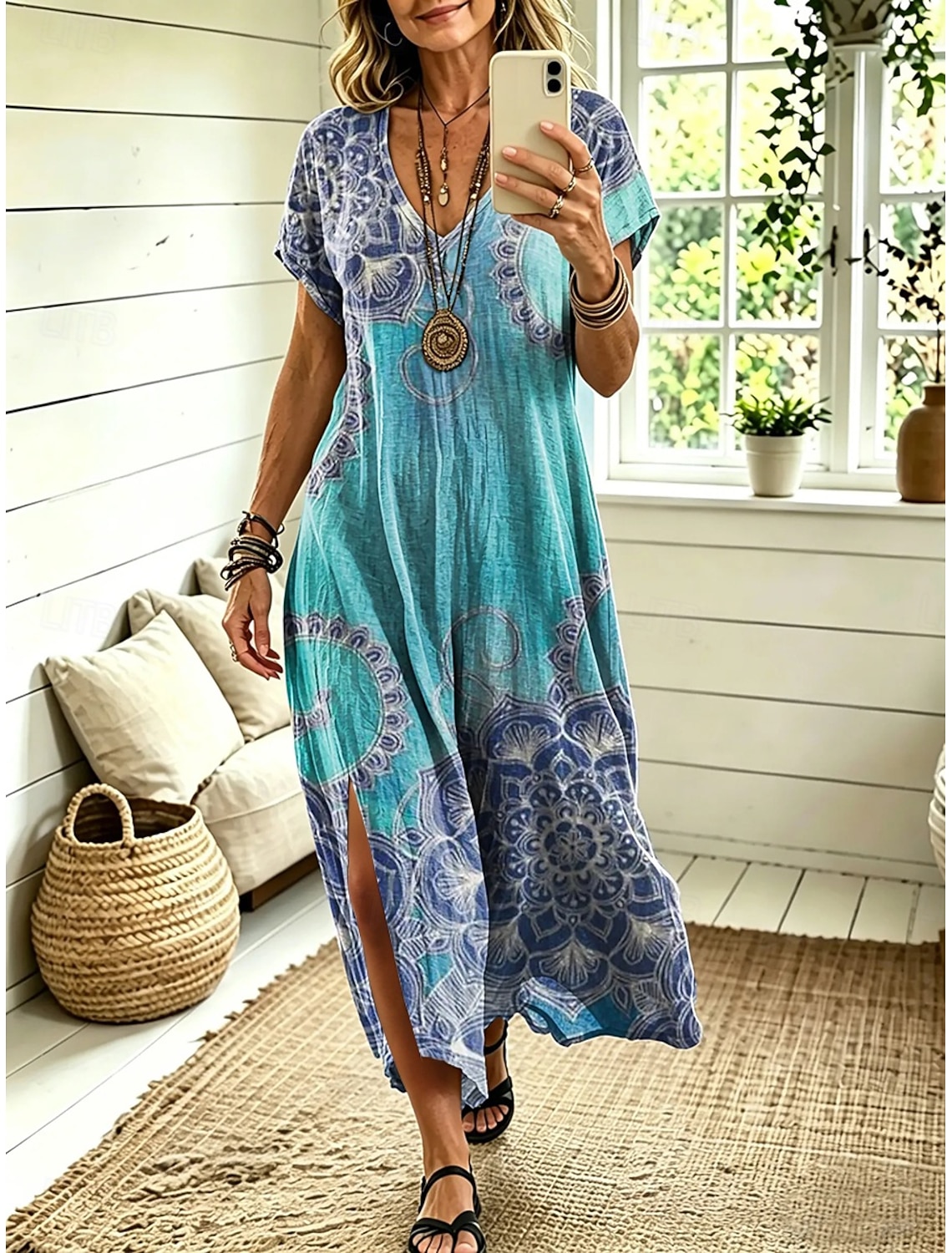 Women's Midi Dress A Line Dress Casual Loose Fit Floral Abstract Short Sleeve V Neck Blue Red Sky Blue Green Summer Spring
