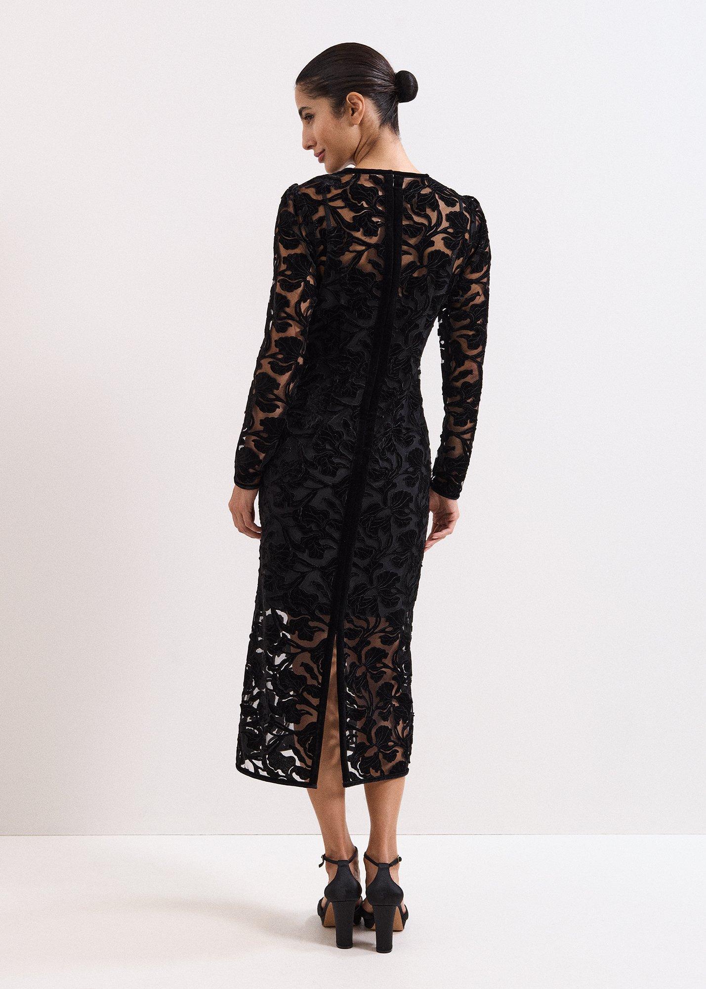 Viktoria Black Applique Velvet Midi Dress