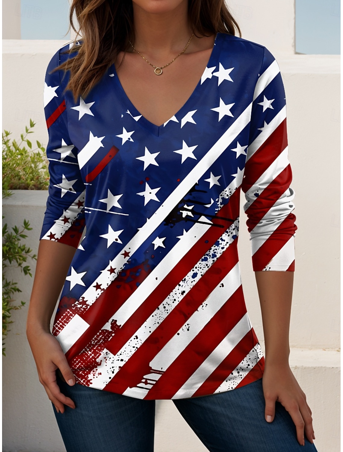 Independence Day Patriotic Women's T Shirt V Neck Long Sleeve Tunic Geometric National Flag Elegant Vintage Stylish Regular Tops Daily Weekend Print Red Navy Blue Blue Spring Prefall