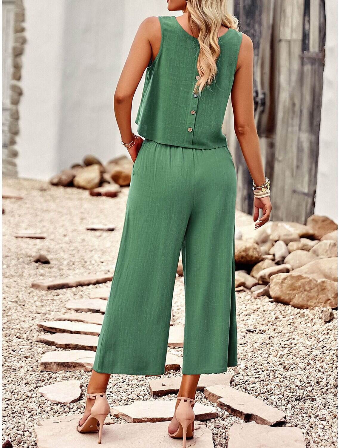 Tank Top Pants Sets Women's Solid Color Casual Daily Fashion Round Neck Regular Fit S