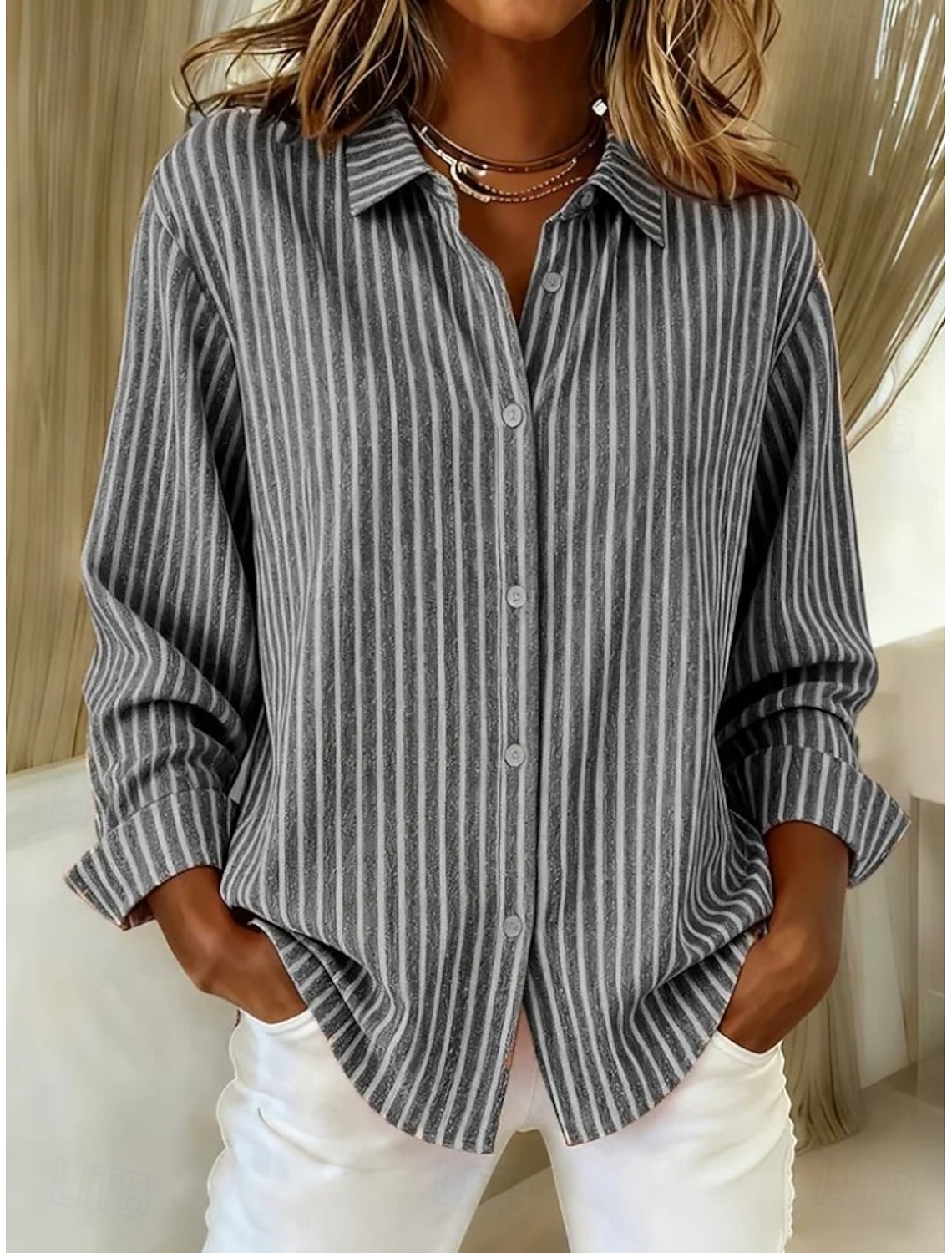 Women's Shirt Blouse Buttons Print Striped Vintage Stylish Casual Long Sleeve Shirt Collar Regular Tops Daily Blue Red Light Brown Orange Gray Spring Fall Winter