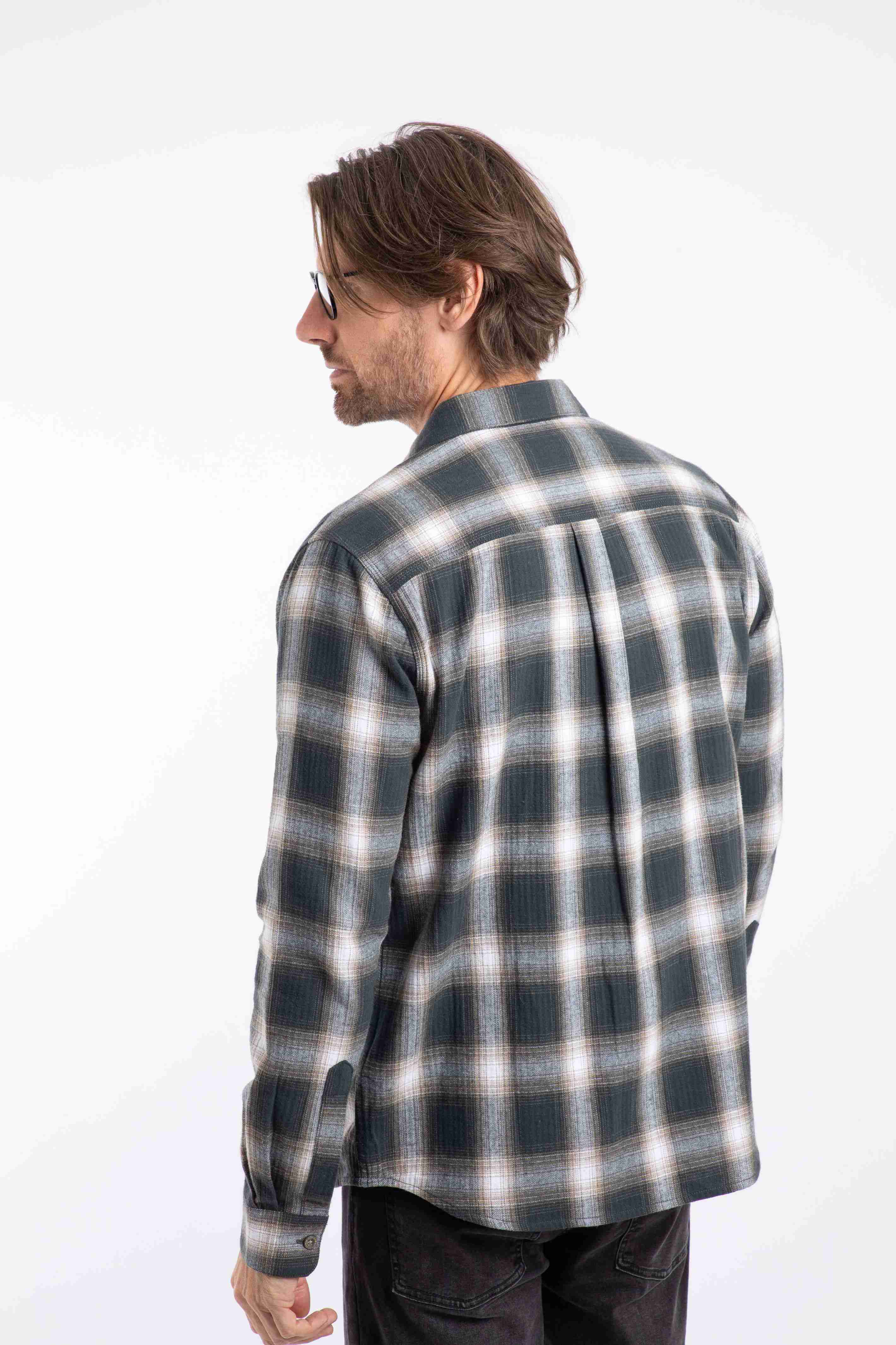 Broxton Organic Cotton Long Sleeve Herringbone Check Shirt Grey