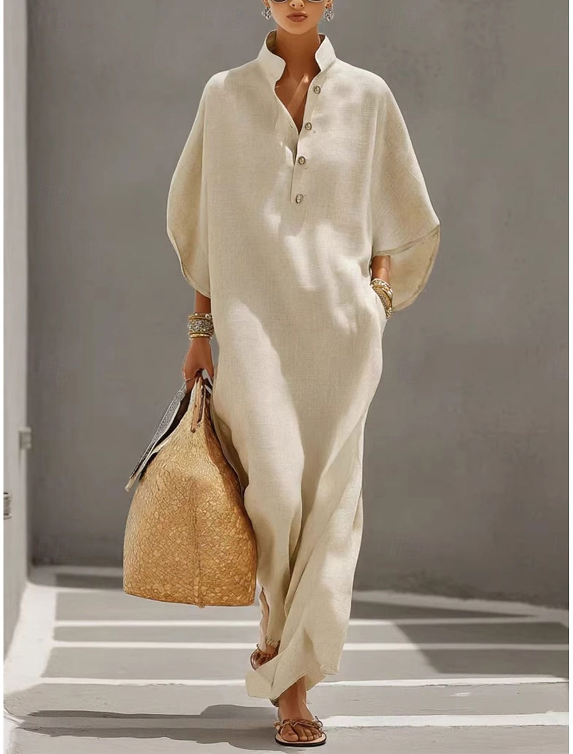 Women's Maxi Dress Sundress Casual Dress Vacation Casual Boho Beach Party Date Loose Fit Plain Half Sleeve Stand Collar Blue Beige Summer Spring