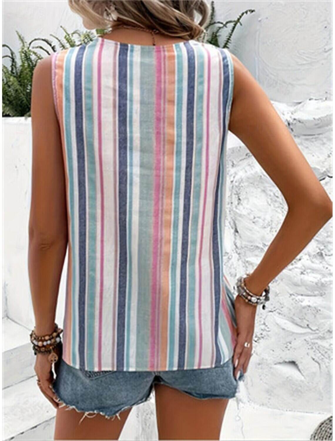 Women's Tank Top Casual Striped Buttons Print Sleeveless Regular Tops V Neck Daily Summer