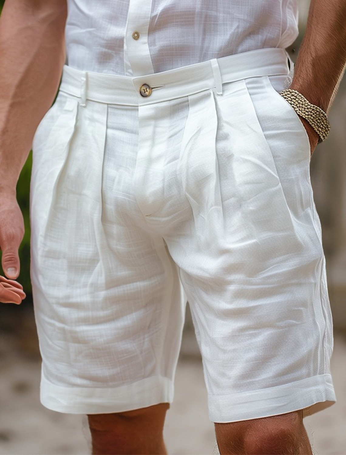 Men's Shorts Linen Shorts Dress Shorts Summer Shorts Pleated Shorts Pocket Pleats Straight Leg Plain Comfort Breathable Knee Length Formal Work Daily Fashion Streetwear Black White Inelastic