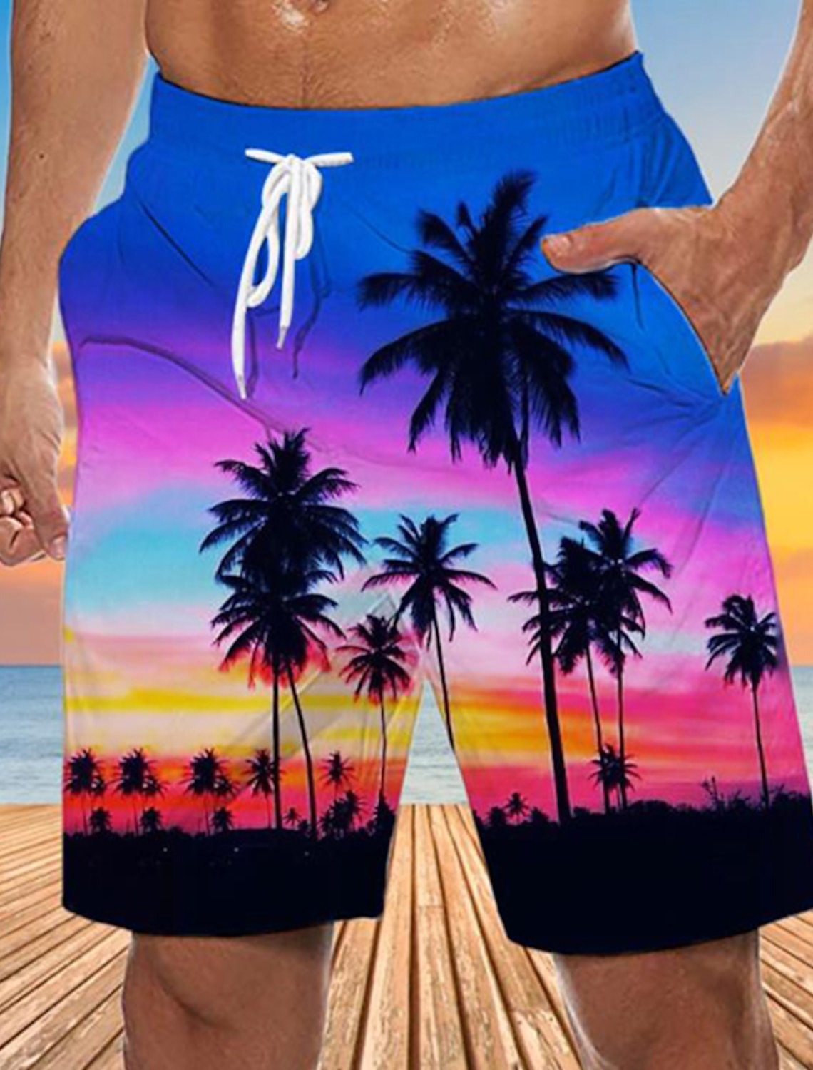 Men's Graphic Coconut Tree Swim Trunks Swim Shorts Board Shorts Mid Waist Streetwear Hawaiian Boho Casual Daily Holiday Drawstring Elastic Waist 3D Print Designer Clothing Apparel
