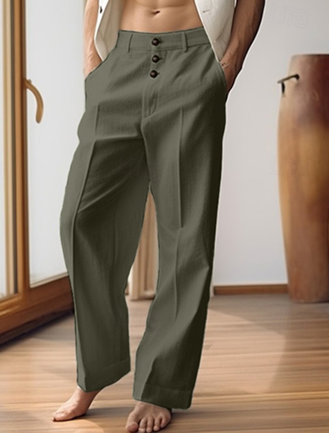 40% Linen Men's Pants Trousers Summer Pocket Buttons Straight Leg