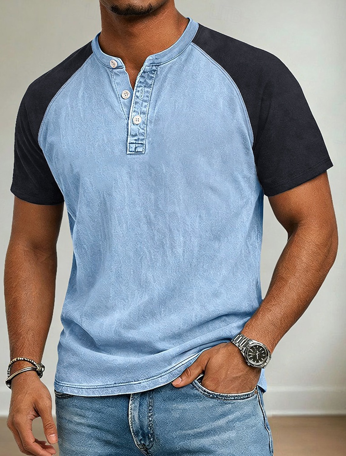 Men's T Shirt Henley Shirt 100% Cotton Acid Wash Shirt Tee Top Long Sleeve Plain Vintage Streetwear Casual Washed Raglan Sleeves Stand Collar Henley Casual Home Street Spring Fall Fall & Winter Black