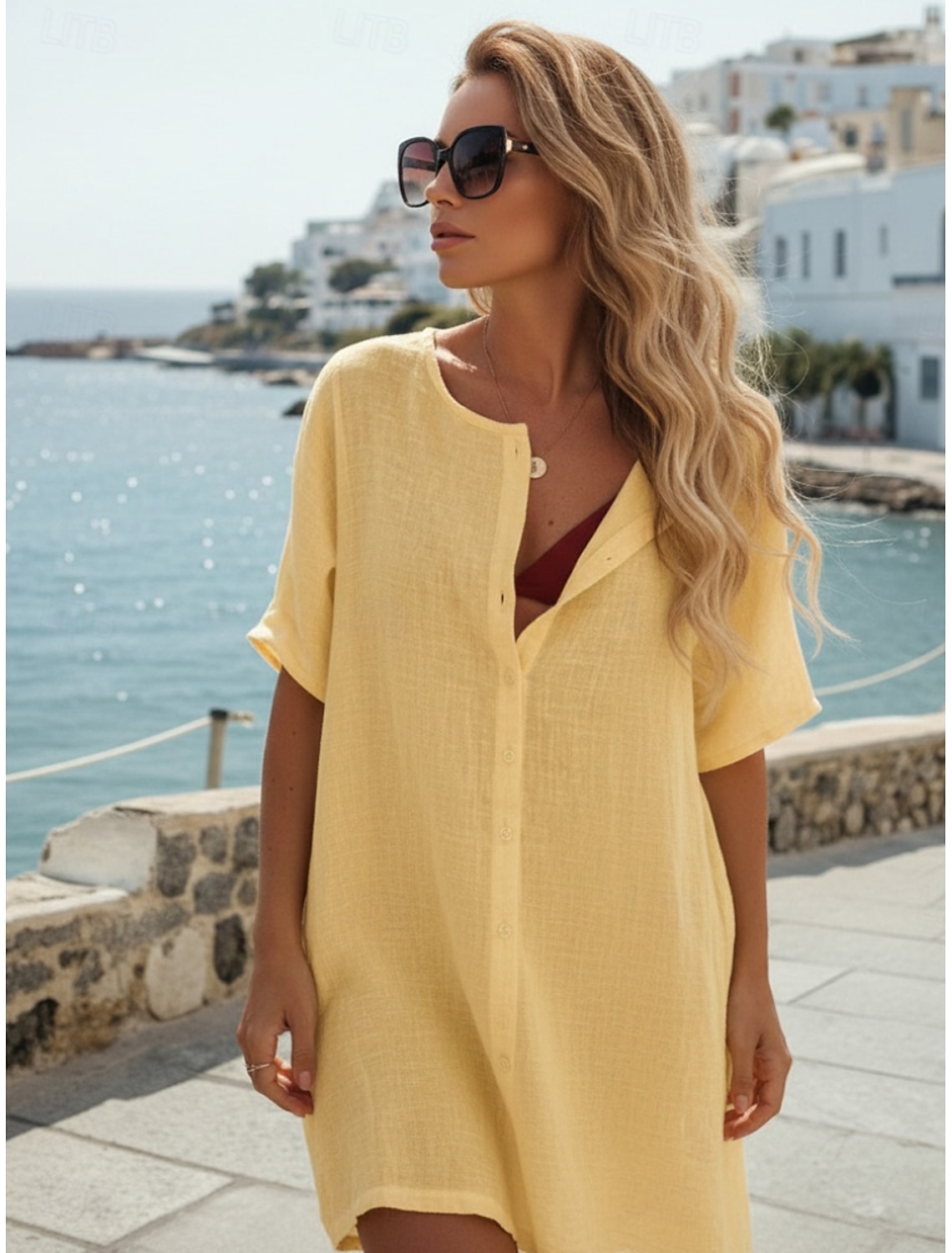 Women's Shirt Linen-feel Shirts Blouse Buttons Plain Active Stylish Short Sleeve Crew Neck Regular Tops Daily Holiday Going out White Yellow Rose Pink Summer Spring