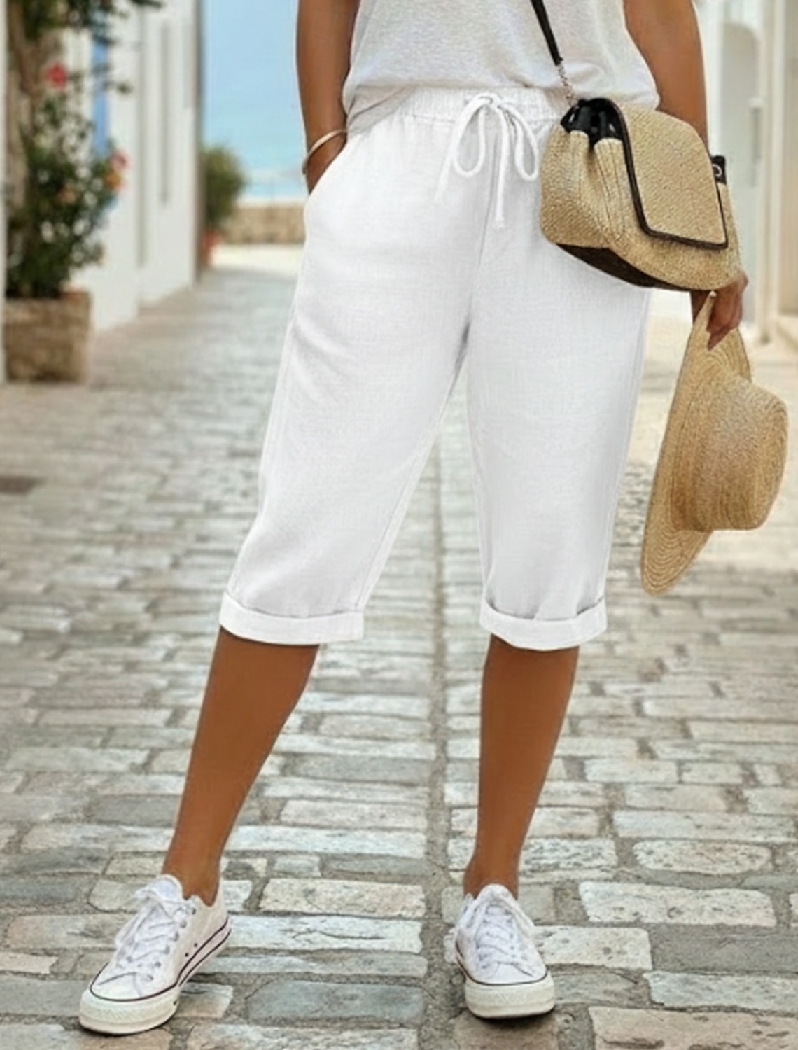 Women's Linen Shorts Capri Pants Chinos Summer Shorts Vacation Streetwear Casual Knee Length Medium Waist Plain Drawstring Pocket Comfortable Breathable Inelastic Daily Outdoor Street