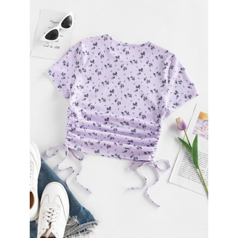 Floral Ribbed Cinched Tie Baby Tee OI5799