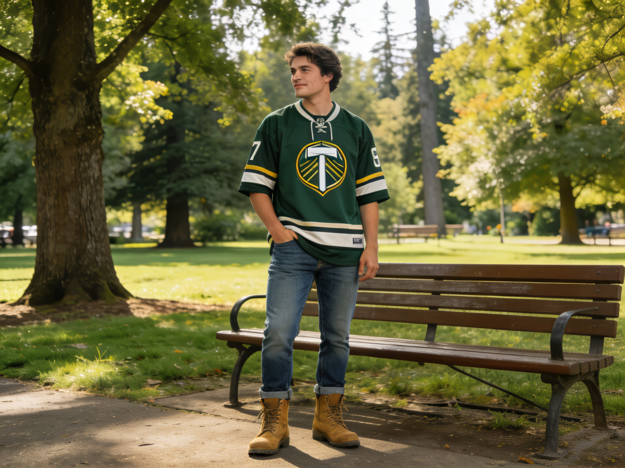 The classic deep green Portland Timbers home jersey worn in a casual, outdoorsy setting, reflecting the club&lsquo;s authentic spirit.