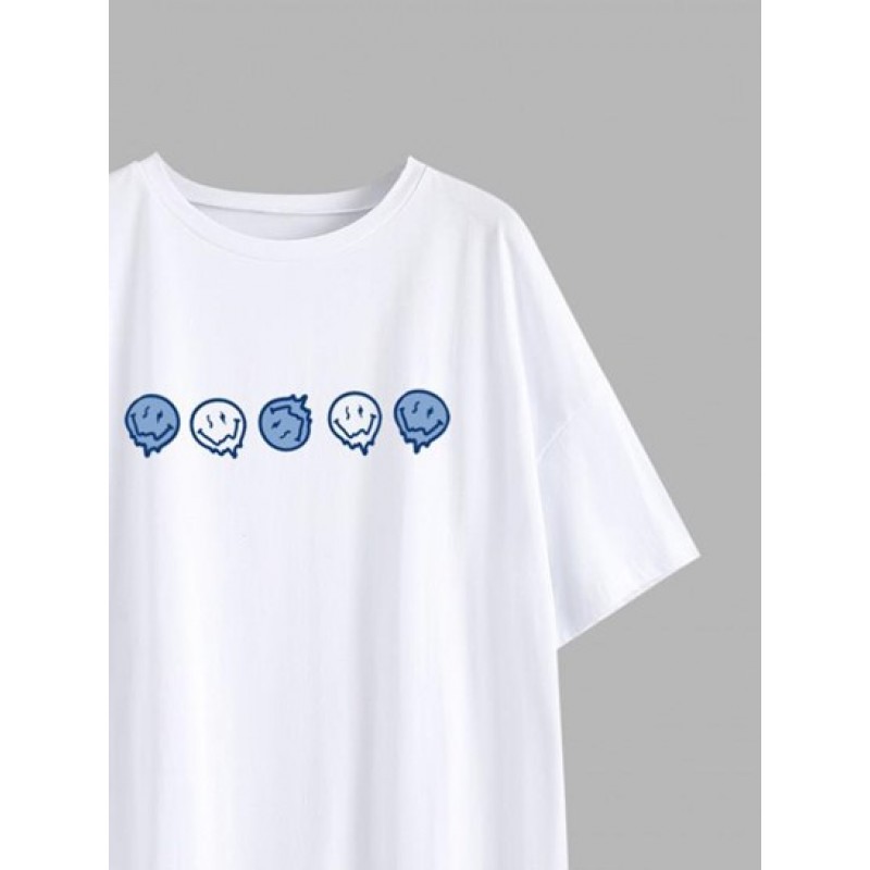 Positive Smiling Face Print Drop Shoulder T Shirt MP6927