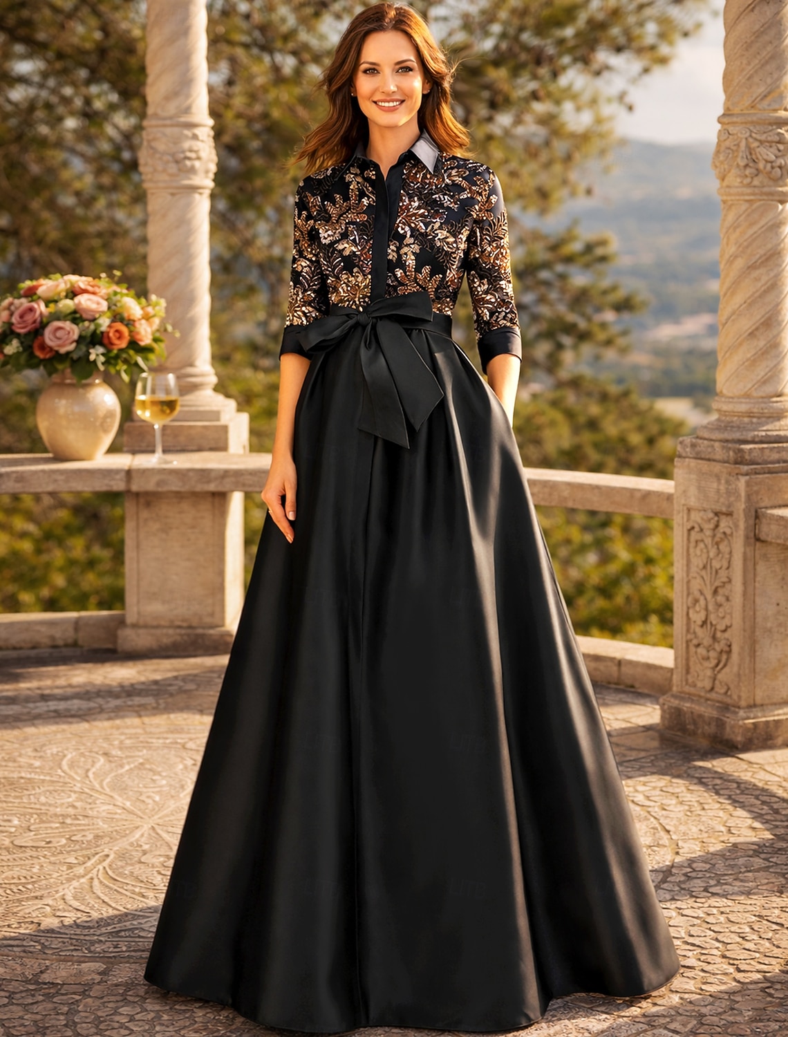 A-Line Floor Length Beaded Eembroidered Wedding Guest Dress Formal Dresses Mother of the Bride Dress Half Sleeve Shirt Collar Elegant Formal Wedding Guest Satin with Bow(s) Sequin Appliques