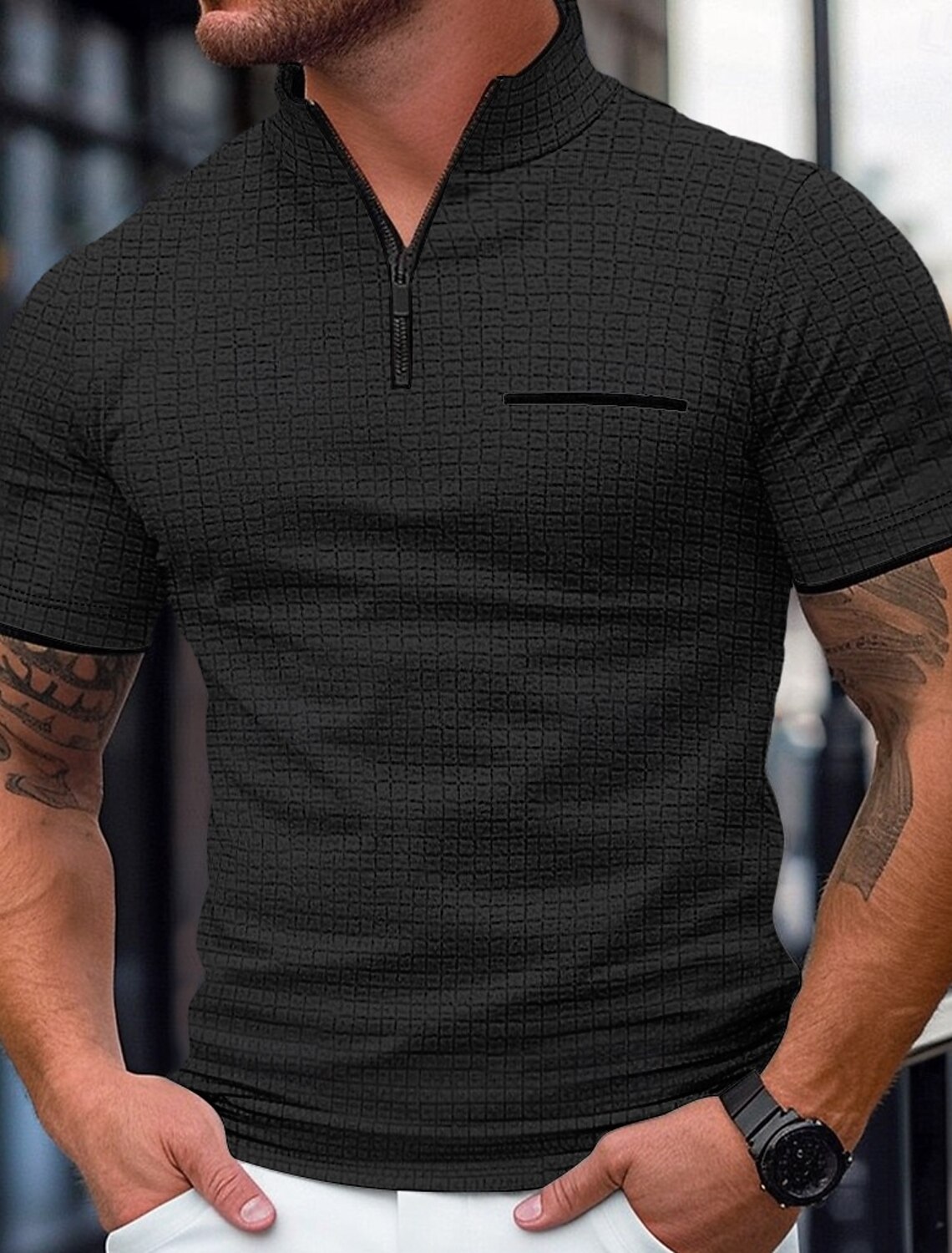 Men's Waffle Polo Shirts Zip Casual Holiday Quarter Short Sleeve