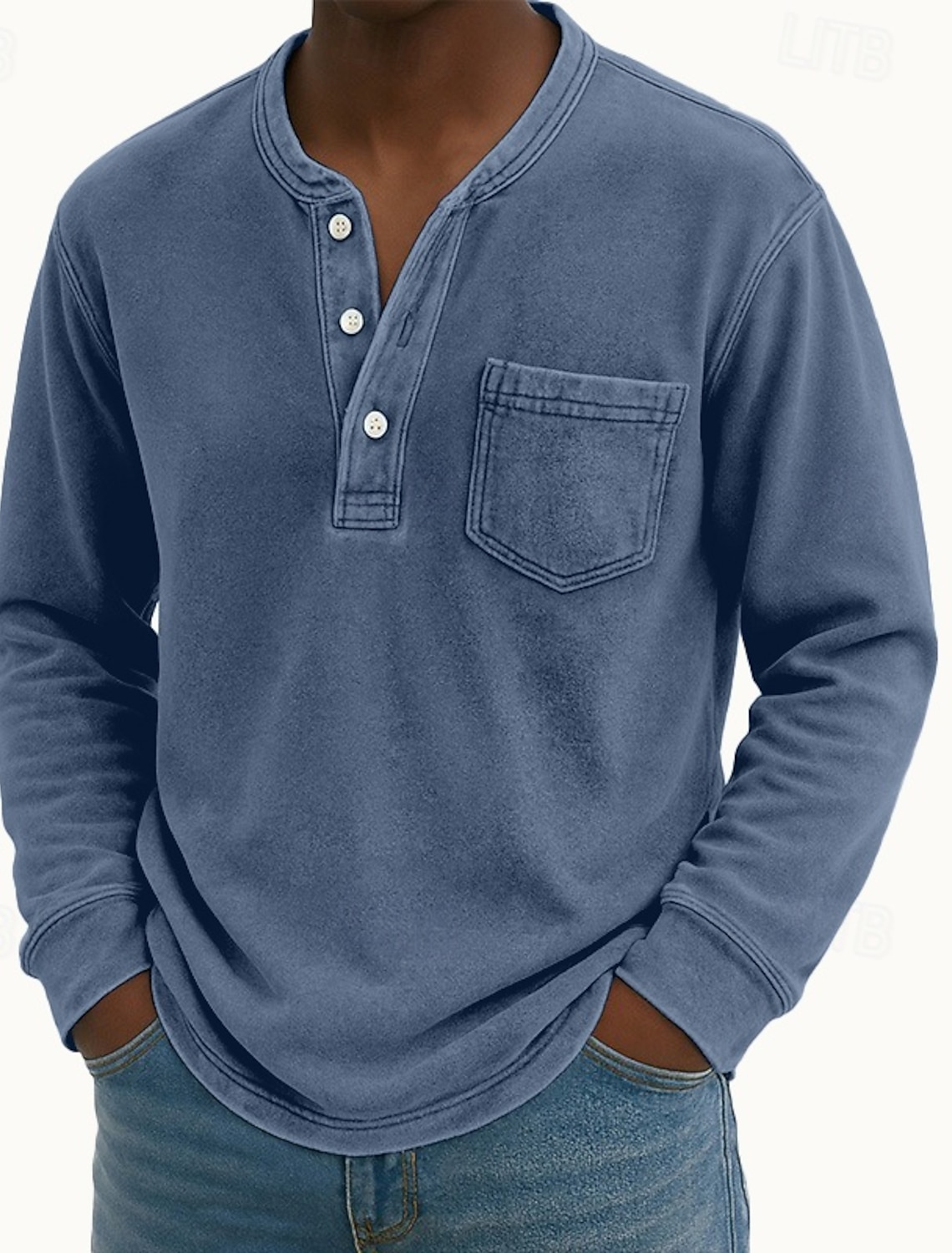 Men's Henley Shirt 100% Cotton Acid Wash T Tee Long Sleeve Vintage