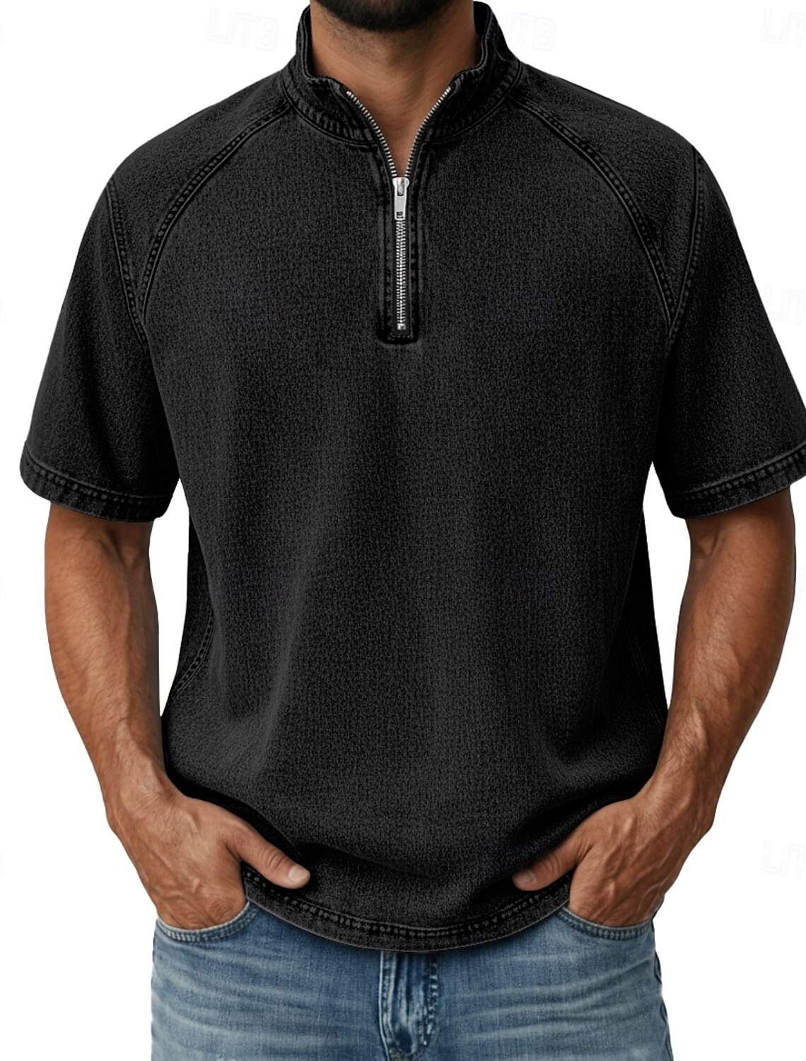 Men's Denim Shirt 100% Cotton Acid Wash Tee Top Short Sleeve Stand