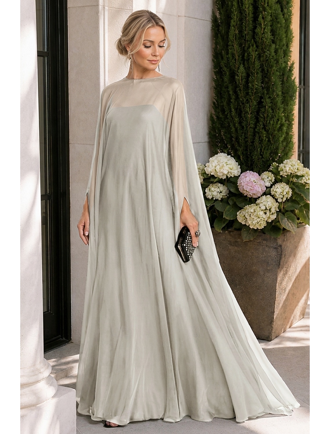 Sheath Evening Gown Empire Dress Formal Evening Sweep / Brush Train Long Sleeve Boat Neck Fall Wedding Guest Chiffon with Pleats dress to impress