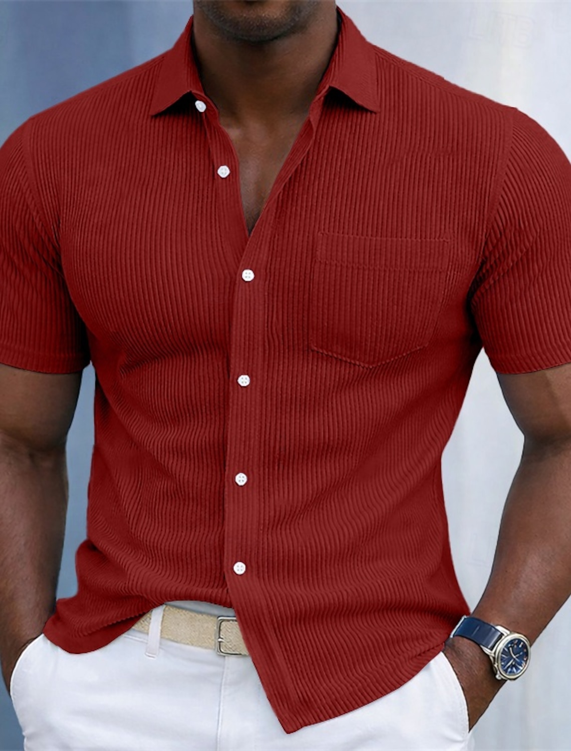 Men's Shirt Corduroy Button Up Blue Black White Navy Purple Long