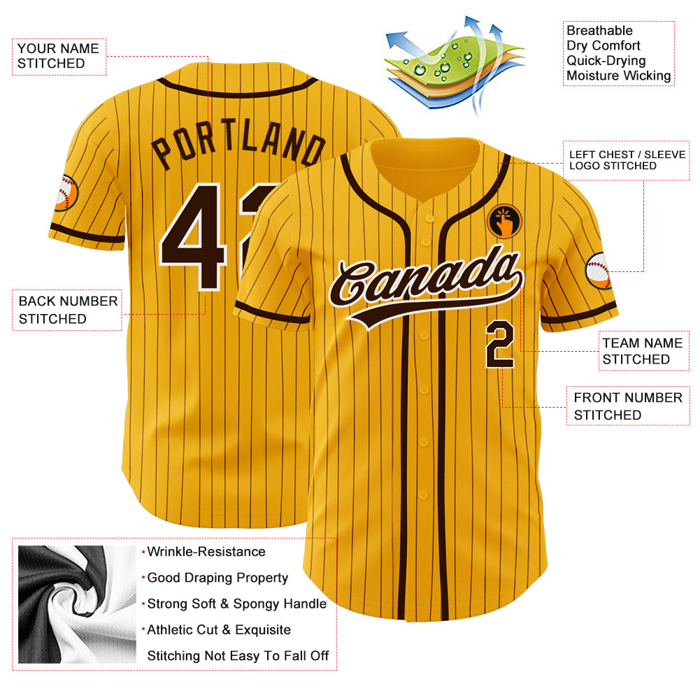 Custom Gold Brown Pinstripe Brown-White Authentic Baseball Jersey