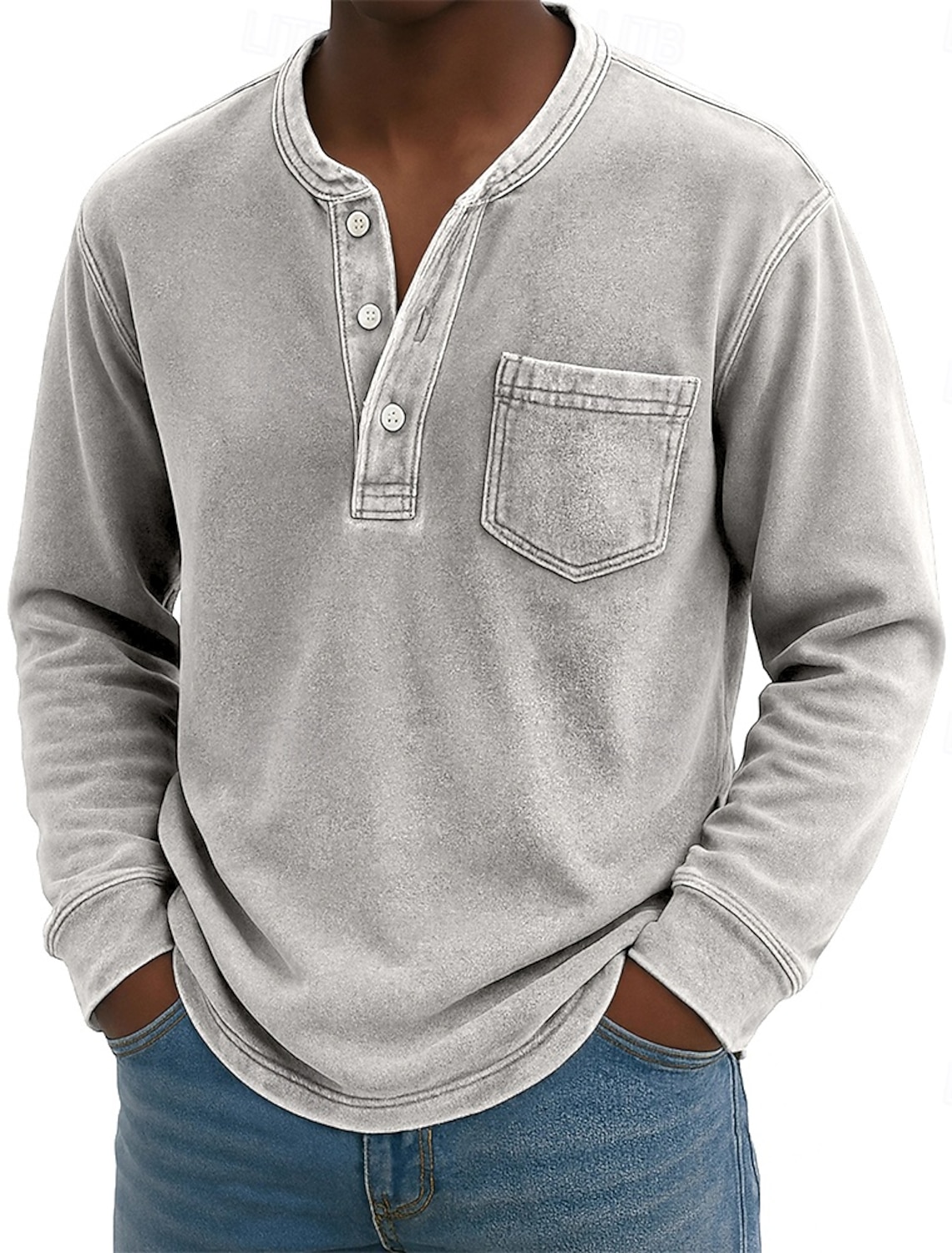 Men's Henley Shirt 100% Cotton Acid Wash T Tee Long Sleeve Vintage