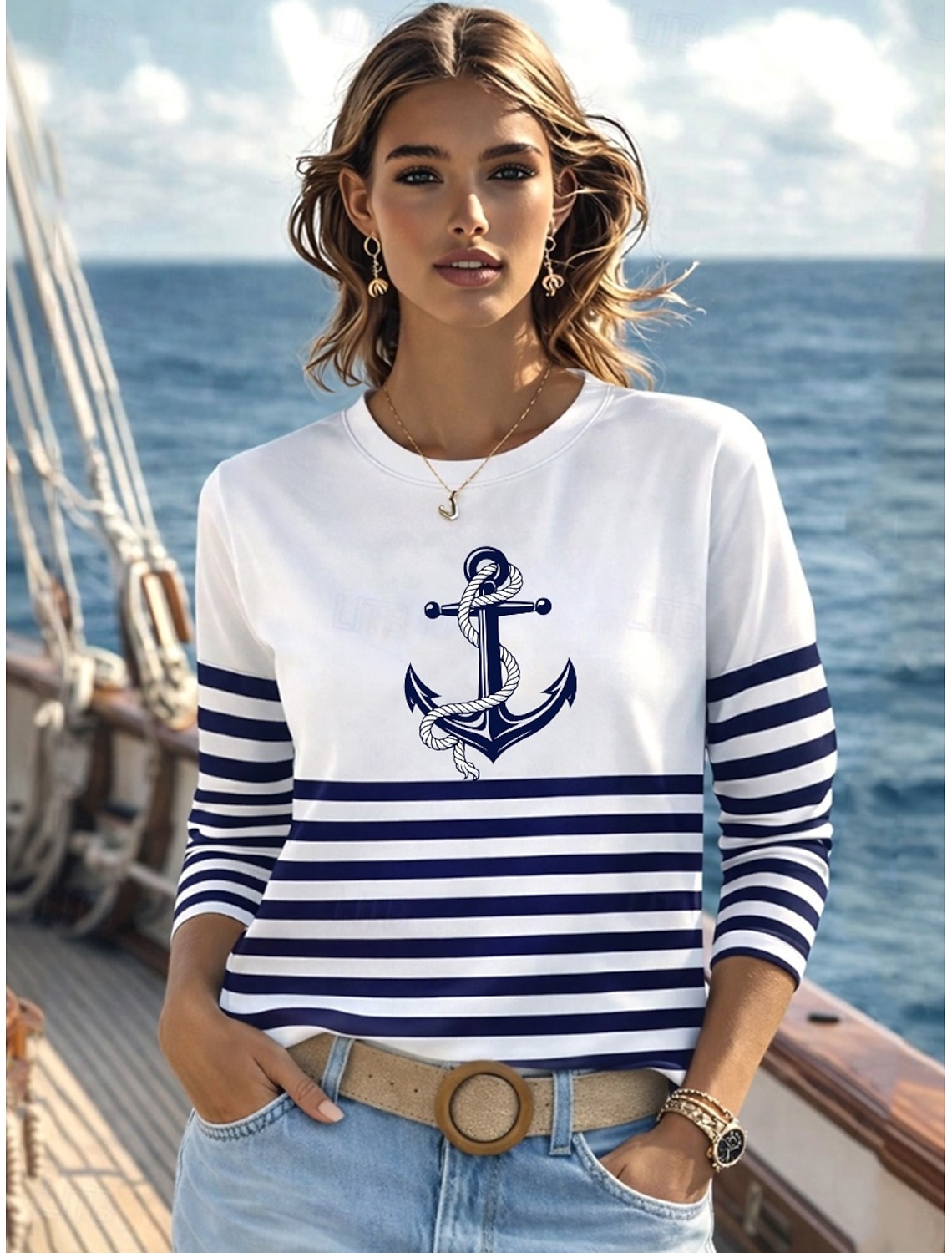 Women's T Shirt Print Graphic Geometric Ocean Vintage Fashion Stylish Long Sleeve Crew Neck Regular Tops Daily Blue Black Pink Red Green Summer Spring