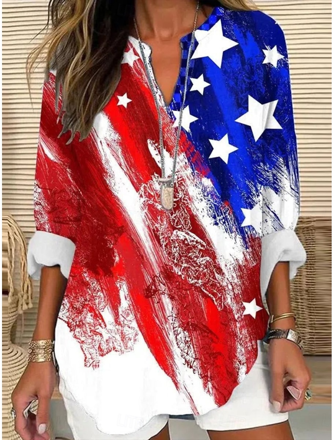 American Independence Day Women's Shirt Buttons Print Flag Stylish Modern Long Sleeve V Neck Regular Tops Daily Holiday Red Summer