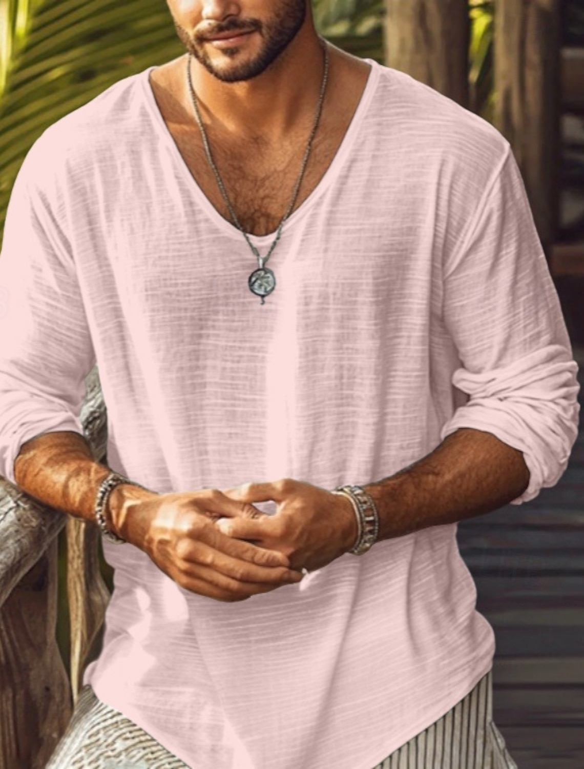 Men's Tee Top Linen-Like T-shirt Long Sleeve Crew Neck Summer Spring