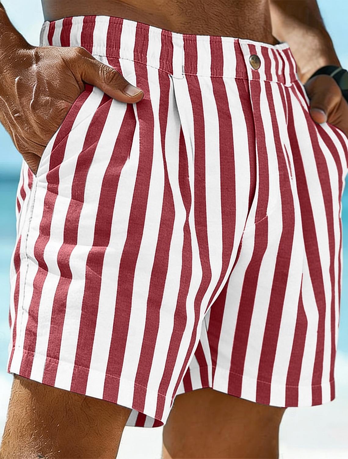 Men's Shorts Linen Summer Beach Pocket Elastic Waist Striped Comfort