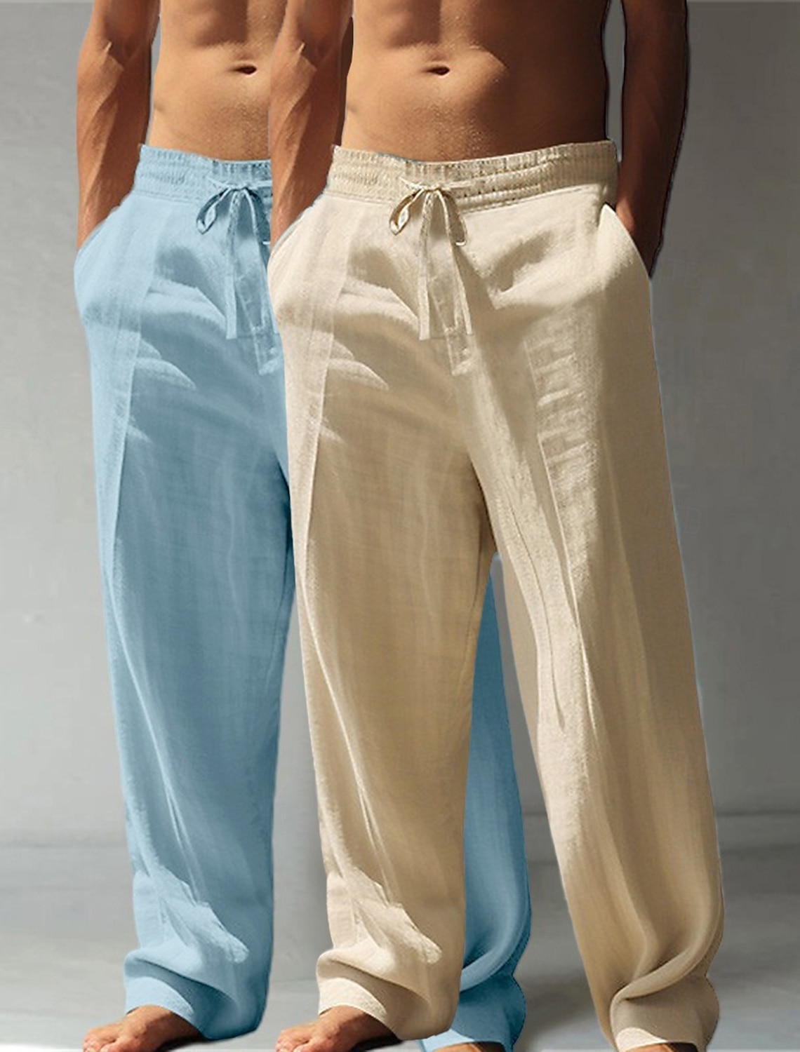 Men's Linen Pants Trousers Summer Pants Baggy Pants Beach Pants Drawstring Elastic Waist Straight Leg Plain Comfort Breathable Full Length Casual Daily Holiday Vacation Classic Style Green+Gray