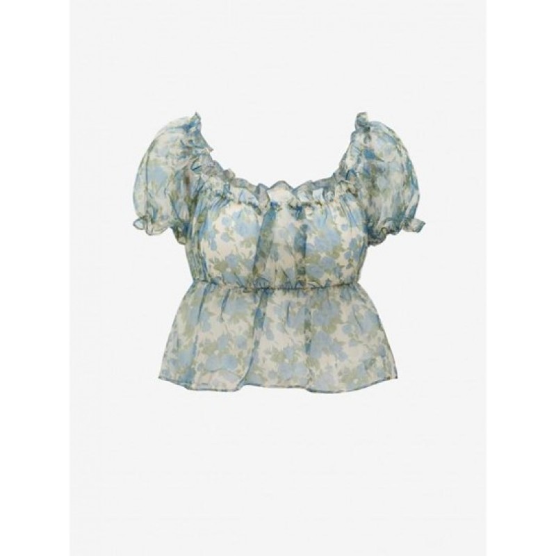 Floral Print Ruffle Puff Sleeve Peplum Blouse VW5778