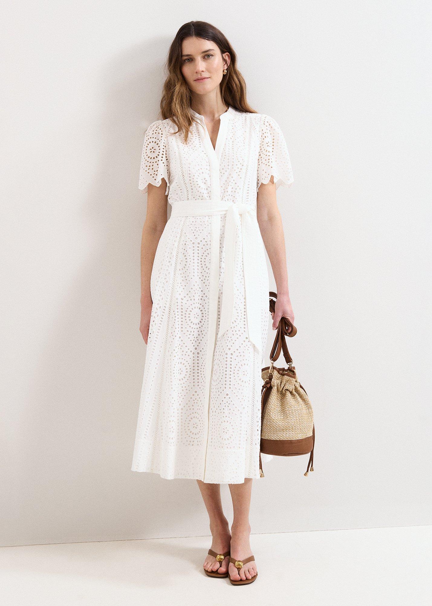 Petite Aletta White Broiderie Shirt Midi Dress