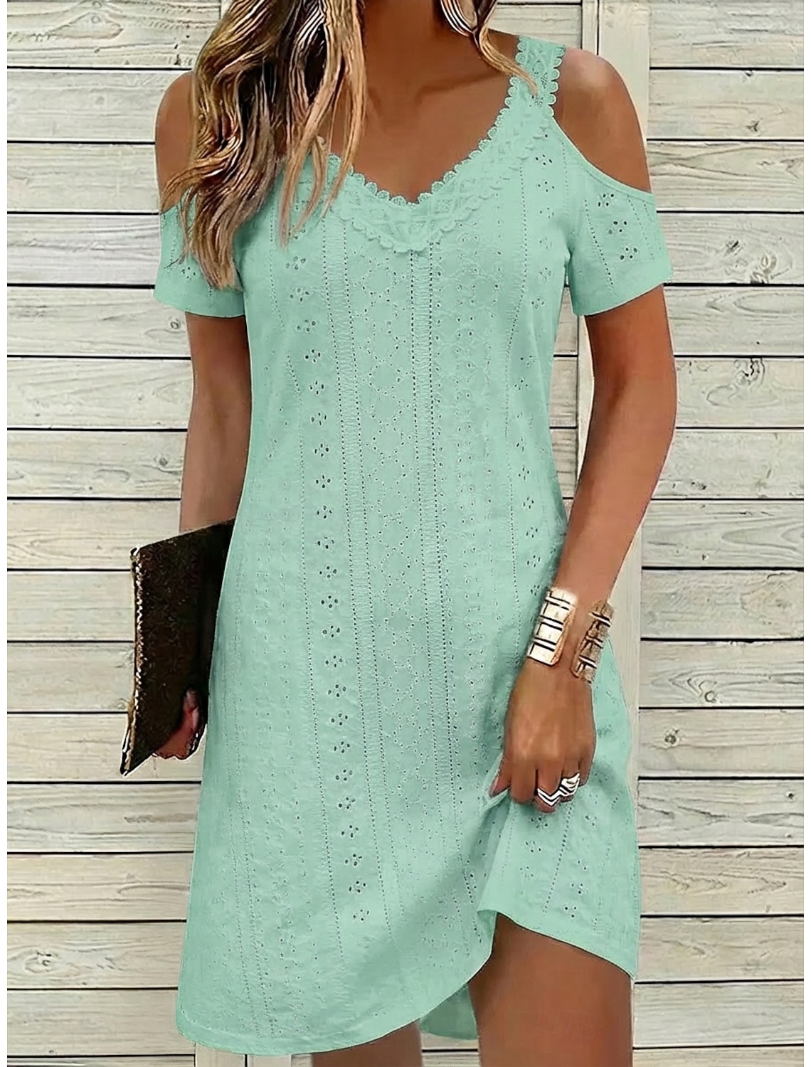 Women's Mini Dress White Dress Summer Dress Eyelet Dress Fashion Modern Beach Vacation Holiday Regular Fit Plain Short Sleeve V Neck Black White Light Green Pink Summer Spring