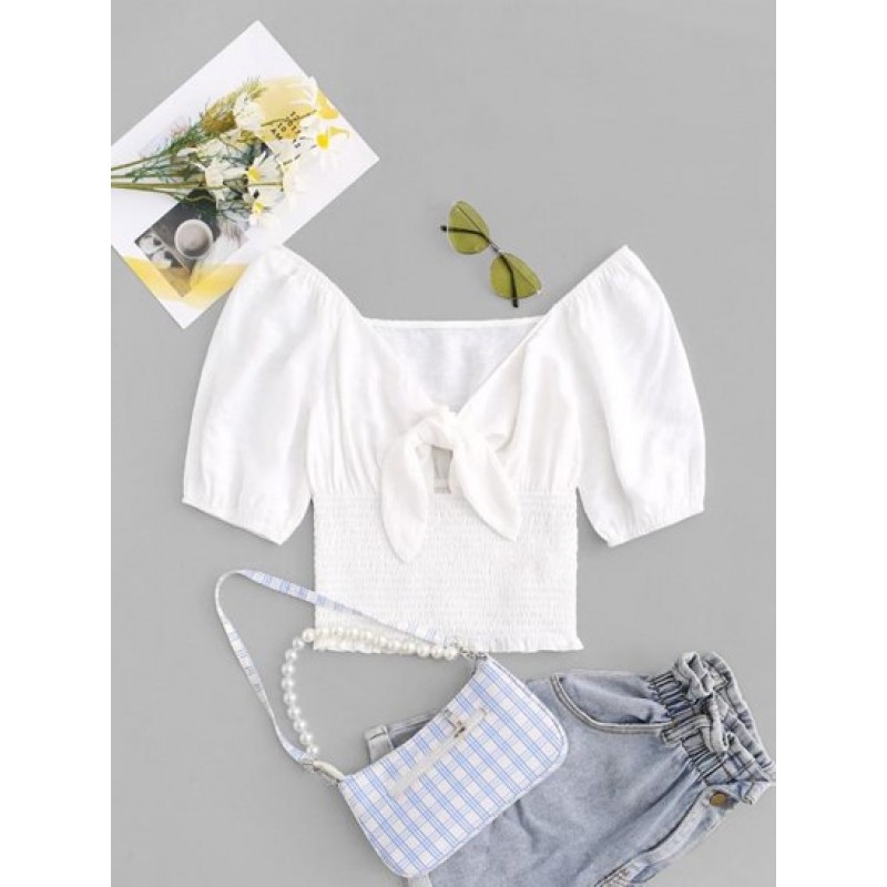 Knotted Puff Sleeve Plunge Shirred Blouse YE8032